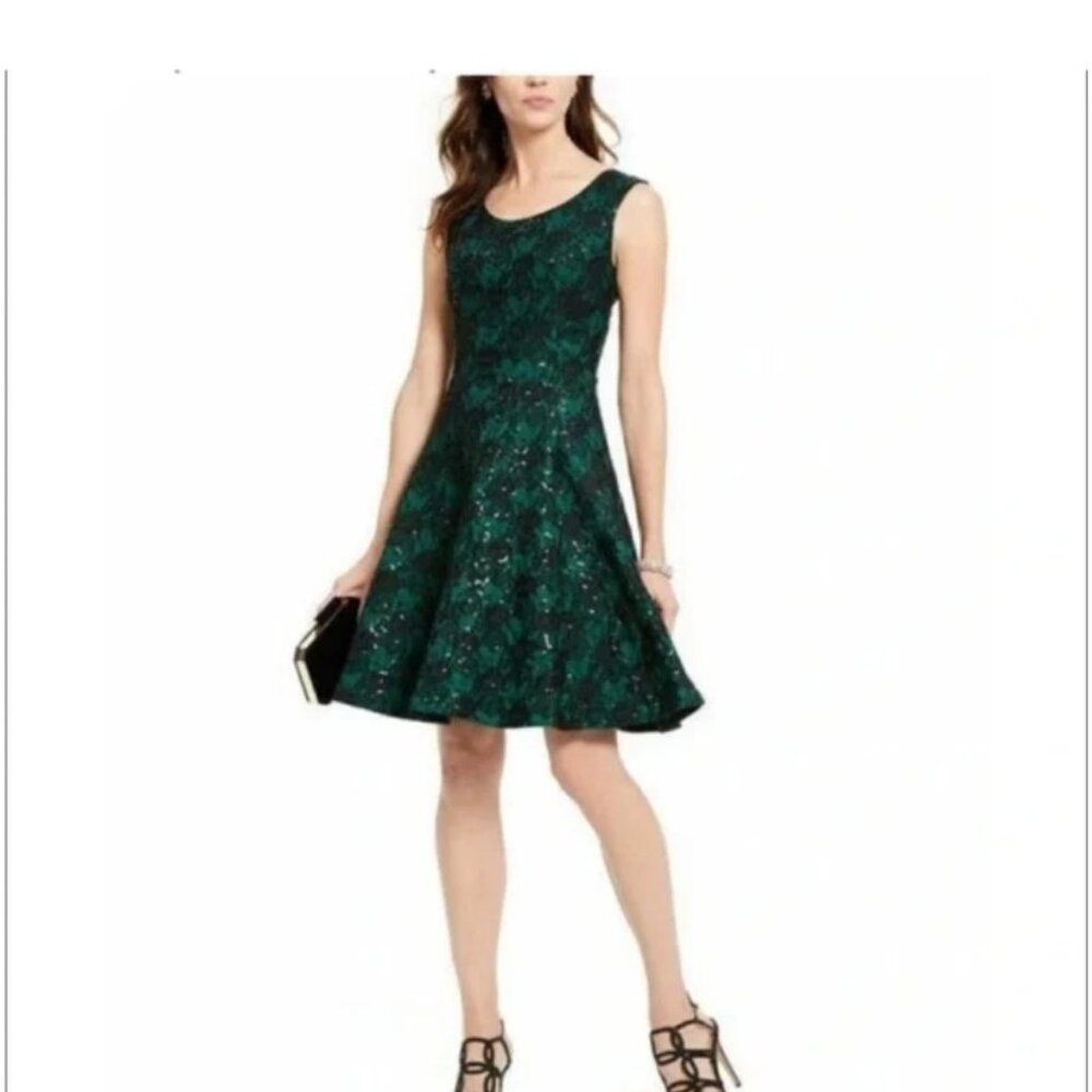 INC Internation Concepts Emerald Green And Black Lace And Sequin Cocktail Dress